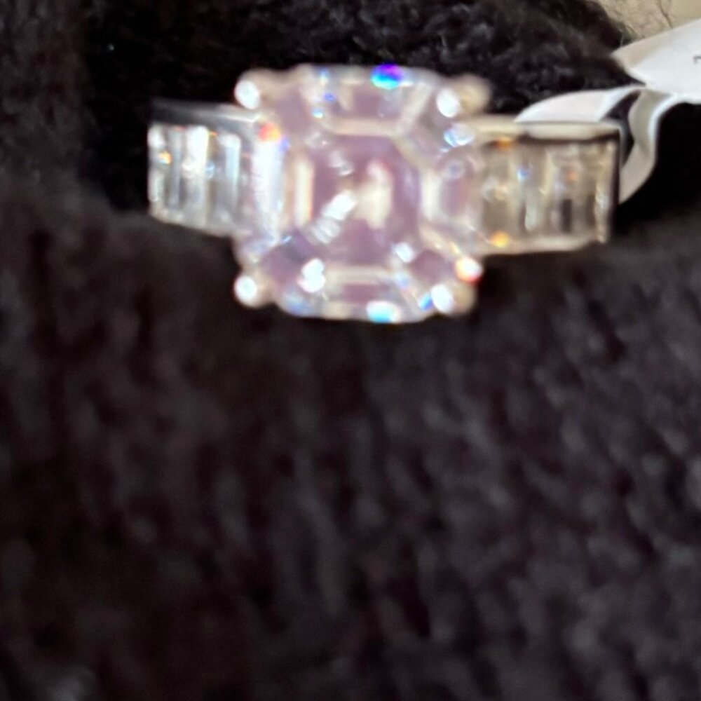 Women's new, white diamond simulant ring, platinum over silver,  10.25 ctw. - Picture 3 of 5